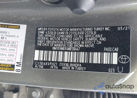 2021 Toyota C-Hr Le z USA, uszkodzony, nr VIN NMTKHMBX4MR130447